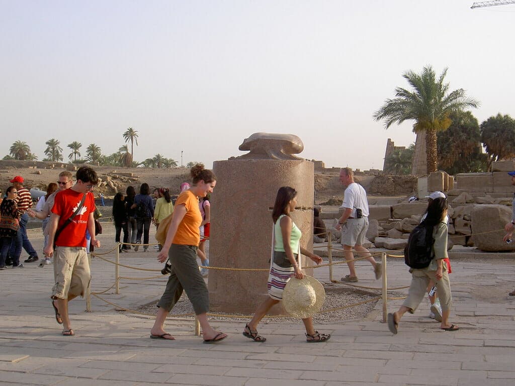 Walking around the Scarab statue in Karnak Temples