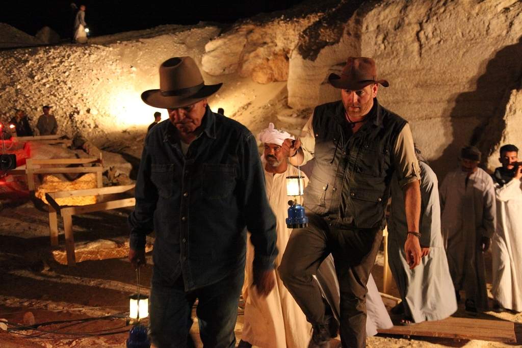 Josh Gates with Zahi Hawass on their way to opening a sarcophagus on live tv