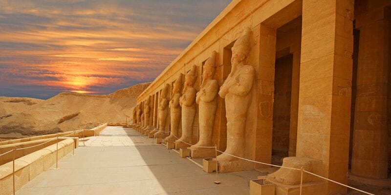 Sunset at the Mortuary Temple on the west bank Luxor Egypt
